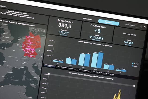 Dashboard des RKI, die 7-Tage-Inzidenz liegt nun bei 389,3 7-Tage-Inzidenz, Dashboard des RKI auf einem Monitor am 08.08.2022 in Siegen Deutschland.
