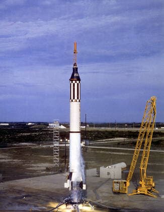Liftoff of MR-4 (Mercury-Redstone), Liberty Bell 7, on July 21, 1961. MR-4 mission was the second marned suborbital flight and carried Astronaut Virgil Grissom aboard the Liberty Bell 7 spacecraft in space for a duration of 15-1 2 minutes. Copyright: xpiemagsx piemagsspace-158698 !ACHTUNG AUFNAHMEDATUM GESCHÄTZT!