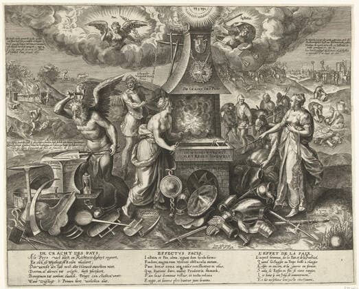 The power of peace, 1648; The Capital des Pays. Songress on the Peace of Munster, 1648. Caution (Prudentia), Reason (Ratio) and Time (Tempus) Forging the weapons of the war to team scissors and other tools. Violence (Violentia) serves the bellows of the oven. Peace (Pax) and Justice (Justitia) in heaven. In and under the show inscriptions and verses in Dutch, Latin and French. The print was originally manufactured on the occasion of the eternal edict in 1577. Adapted here to serve as allegory on the Peace of Munster in 1648. Copyright: xpiemagsx rmxl210521-16951 !ACHTUNG AUFNAHMEDATUM GESCHÄTZT!