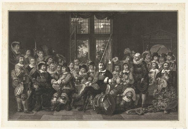 The shooters meal in the foot mogelroom or St. Joris derels in Amsterdam for celebration of the Peace of Munster, 18 June 1648. The shooters meal in the foot mogelroom or St. Joris derels in Amsterdam for celebration of the Peace of Munster, 18 June 1648. It is presented: Captain Cornelis Jansz Witsen (with the silver drinking horn), Lieutenant Johan Oetgens van Waveren (who shakes his hand), the Vaandrig Jacob Banningh (sitting next to the big drum), Dirck Claesz Thoveling and Thomas Hartog (Sergeanten), Pieter van Hoorn, Willem Pietersz van der Voort, Adriaen Dirck Sparwer, Hendrick Calaber, Govert van der Me, Johannes Calaber, Benedictus Schaeck, Jan Maes, Jacob van Diemen, Jan van Ommeren, Isaac Ooyens, Gerrit Pietersz van Anstenraadt, Copyright: xpiemagsx rmxl210521-28526 !ACHTUNG AUFNAHMEDATUM GESCHÄTZT!