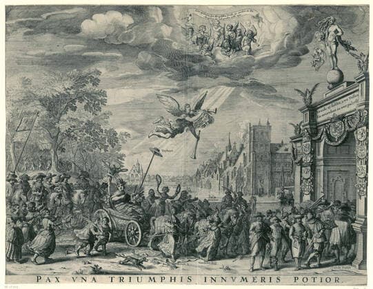 Allegory on the Peace of Munster, 1648; Pax Una Triumphis Innumeris Potior. Allegory on the Peace of Munster. Triumphopt trip of the triumphar of peace that is initiated along the Vijverberg by an Eroboch The Hague. On the triumph port the coat of arms of Frederik Hendrik and eight province weapons, on top of the Fortuna gate that gives riches. In the air the fame and above a angel choir. The original plate contained a representation in honor of Frederik Hendrik after the intake of Den Bosch in 1629. In this print, peace takes over the place of Frederik Hendrik. This print includes a fresh in three columns of Reyer Anslo with the title Nederlands Vredevreught . Copyright: xpiemagsx rmxl210521-32926 !ACHTUNG AUFNAHMEDATUM GESCHÄTZT!