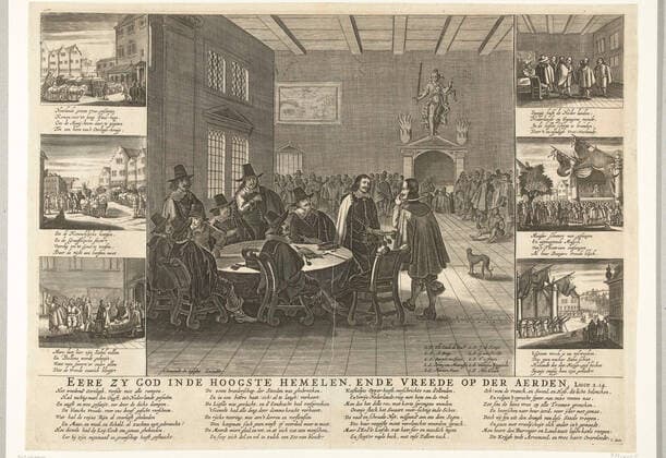 The handing over the ratification of the Munster Peace, 1648; Early zy God in the highest heavens, and the feather of the Aerden. Leaf with different performances of the events around Closing the Peace of Munster. Central to the exchange of ratification in the ferseal of the Munster town hall between the State and Spanish delegated Antoine Brun and the count of Penaranda. On the left the state delegates sitting around a table. At the bottom right the names of the negotiators. For the central show there are six smaller scenes of earlier and later moments: the arrival of the delegates, the peace negotiations, the publication of peace and the salvoschites in Munster. Each performance is supervised by a verse of 4 lines. At the bottom of 4 ver Copyright: xpiemagsx rmxl210521-33231 !ACHTUNG AUFNAHMEDATUM GESCHÄTZT!