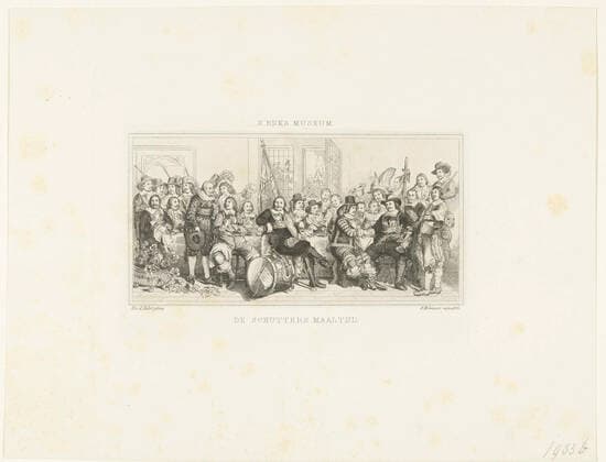 The shooters meal in the foot mogelroom or St. Joris derels in Amsterdam to celebrate the Peace of Munster, 18 June 1648; The shooters meal. The shooters meal in the foot jackoo or St. Joris derels in Amsterdam for celebration of the Peace of Munster, 18 June 1648. It is proposed: Captain Cornelis Jansz Witsen (with the silver drinking horn), lieutenant Johan Oetgens van Waveren (who shakes his hand ), the Vaandrig Jacob Banningh (sitting next to the big drum), Dirck Claesz Thoveling and Thomas Hartog (Sergeanten), Pieter van Hoorn, Willem Pietersz van der Voort, Adriaen Dirck Sparwer, Hendrick Cala, Govert van der Me, Johannes Calaber, Benedictus Schaeck, Jan Maes, Jacob van Diemen, Jan van Ommeren, Isaac Ooyens, Gerrit Pietersz van Ansten Copyright: xpiemagsx rmxl210521-36477 !ACHTUNG AUFNAHMEDATUM GESCHÄTZT!