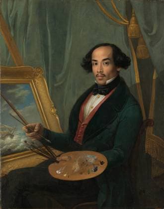 Portrait of Raden Syarif Bustaman Saleh. Raden Saleh, scion of a Javanese regent family, came to the Netherlands in 1829 to study painting. Here we still see him as a European dandy before a Western seascape. However, he soon specialized in oriental scenes, and began dressing as a Javanese prince. Back on Java (1851), Raden Saleh built a small neo-Gothic palace, where he received the European elite. And so he constantly shifted between his Javanese and hisEuropean identity. Copyright: xpiemagsx rmxl210521-13182 !ACHTUNG AUFNAHMEDATUM GESCHÄTZT!