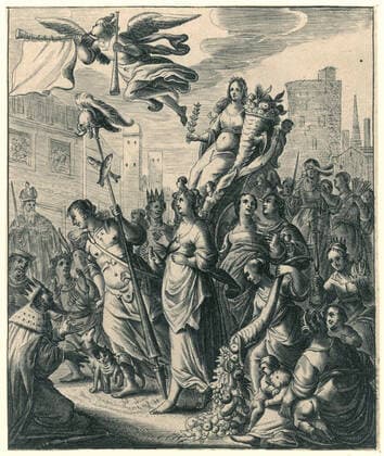 Zinnebeeld on the Peace of Munster, 1648. Sentame image on the Peace of Munster, 1648. Triumphop procession of peace with a horn of the plenty in the arms, surrounded by different allegorical characters. Above the procession, the fame proclaims the news of peace. Copyright: xpiemagsx rykslarge203062021-4340 !ACHTUNG AUFNAHMEDATUM GESCHÄTZT!