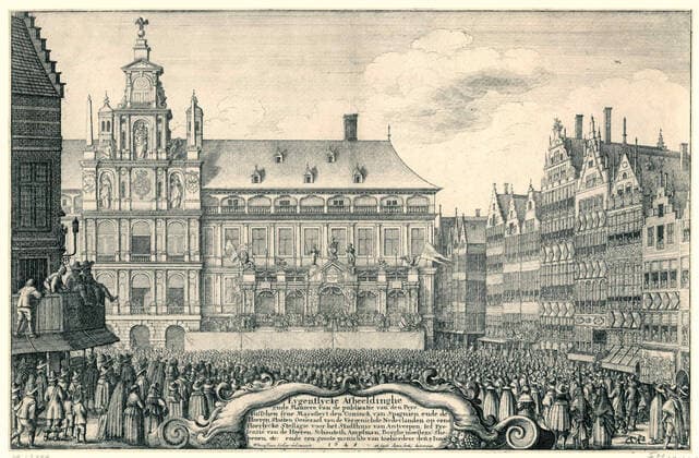 Proclamation of the Peace of Munster in Antwerp, 1648; Eygenentlycke ichse ingende of the publication of Den Peys between Syne Mayesteyt den Coninck van Spagnien, and the Heeren stacked Generael from the legally located Nederlanden on a Heerlycke Stellagie for the Stadthuys of Antwerp, in the presence of the Heeren Schouteth Amptman, Borghe Masters, Shepenen, etc. Ende a great menich of Termorders, den 5 June 1648. Allocation of the Peace of Munster in Antwerp on June 5, 1648. View of the human mass for the town hall in Antwerp. In the middle of a cartouche with the text flanked by two horns of abundance. Copyright: xpiemagsx rykslarge203062021-9828 !ACHTUNG AUFNAHMEDATUM GESCHÄTZT!