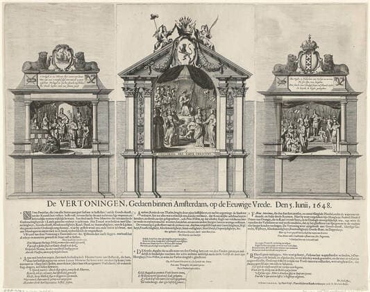 Symbols staged on the dam in honor of the Munster peace in 1648; The impressions, did within Amsterdam, on eternal peace. Den 5. Iunii, 1648. Sheet with three of the six symbols staged on Dam Square in honor of the Peace of Munster on June 5, 1648. All six tableaux can be seen on this one, with the flaps including the other three scenes. Figure 1 shows the personifications of justice, religion, clutchness, advice, deed, and oblivion. Steadfastness lies in a tomb. Figure 2 shows Mercury, Argus and IO. Figure 3 shows the Government of the Amphion of Thebes in the company of justice, wisdom, strength, impartiality and others. Figure 4 shows Prince Willem II as emperor Augustus. Figure 5 shows Frederik Hendrik as Fabius Maximus. Figure 6 shows Copyright: xpiemagsx rykslarge07062021part3-13097 !ACHTUNG AUFNAHMEDATUM GESCHÄTZT!