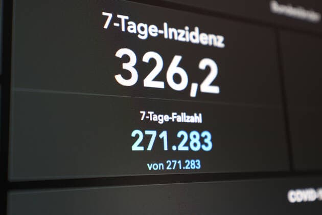 Dashboard des RKI, die 7-Tage-Inzidenz liegt nun bei 326,2 7-Tage-Inzidenz, Dashboard des RKI auf einem Monitor am 14.08.2022 in Siegen Deutschland.