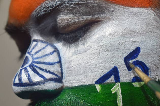 News Themen der Woche KW32 News Bilder des Tages Indien, Vorbereitung auf den Unabhängigkeitstag India: Face Painting for 75th Independence day celebrations in Kolkata A person gets his face painted in the colors of India s national flag, ahead of India s 75th Independence Day in Kolkata. Kolkata West Bengal India Copyright: SudiptaxDas