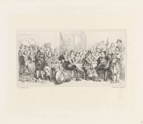 . The militia meal in the foot jackoo or St. Joris derels in Amsterdam for celebration of closing the peace of Munster, 18 June 1648. On the right, a woman brings a turkey pie. There are tin plates, growers and other glasses on the table. On the left is a large metal cooler with a wine barrel on the floor. Copyright: xpiemagsx rmxl19062021part6-31557 !ACHTUNG AUFNAHMEDATUM GESCHÄTZT!
