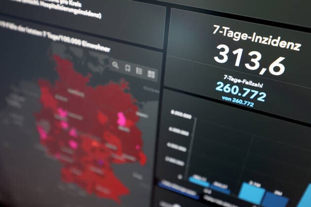 Dashboard des RKI, die 7-Tage-Inzidenz liegt nun bei 313,6 7-Tage-Inzidenz, Dashboard des RKI auf einem Monitor am 16.08.2022 in Siegen Deutschland.