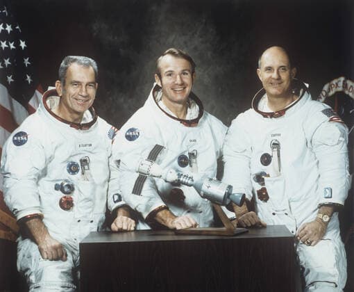 Donald Slayton, Vance Brand, Thomas Stafford 498154 19.07.1974 U.S. astronauts Donald Slayton, Vance Brand and Thomas Stafford of the main Apollo crew of the joint Soviet-U.S. Apollo-Soyuz Test Project. RIA Novosti Sputnik Houston Texas USA  Copyright: xRIAxNovostix