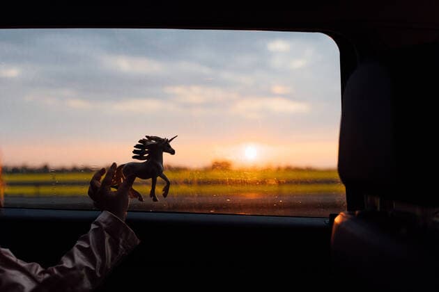 IMAGO Creative, Kinder auf dem Reiterhof Creative Highlights Symbolbilder Crop anonymous kid playing with horse toy near window of riding car in countryside during sunset, Model released OleksandraTroian_KidInCar_11.jpg Copyright: xOleksandraxTroianx MR
