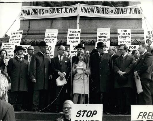 May 05, 1971 - Mass Demonstration In Tralfalgar Square Against Soviet show Trails Against Jews In Russia: A mass demonstration was held this afternoon in Trafalgar Square which was Organised by the Board of Deputies of British Jew and the Association of Jewish Ex-Servicemen to stop Soviet show trials of Jews who have been brought to Trial in Leningrad, Riga, Odessa, and Kichinev. One of the main speakers was Lena Volkova Jewish leader from Kharkov, U.S.S.R. also the Chief Rabbi, Lord Soper, PatrickkCormac M.P. (Secretary Anglo-soviet Parliamentary Group) and other leading personalities. Photo Shows: Lena Volkova in centre, seen speaking during the rally in Tralfalgar Square this afternoon. - ZUMAk09_ 19710505_baf_k09_241 Copyright: xKeystonexPressxAgencyx