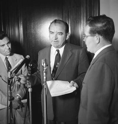 March 2, 2015, Washington, DC, USA: U.S. Senator from Wisconsin Joseph McCarthy at microphone during Press Conference, Washington, D.C., USA, Thomas J. O Halloran, U.S. News & World Report Magazine Photograph Collection, June 1954 Washington USA - ZUMAg145 20150302_zap_g145_002 Copyright: xJTxVintagex