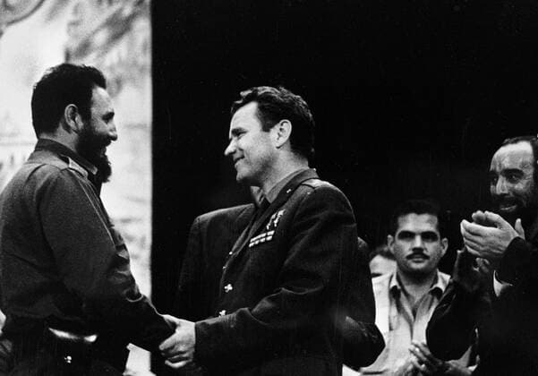 Fidel Castro and Vladimir Shatalov 15747 15.04.1970 Prime Minister of the Revolutionary Government of Cuba, First Secretary of the Communist Party of Cuba Central Committee Fidel Castro (left) welcoming Soviet chief delegate Shatalov (second left). RIA Novosti Sputnik Havana Cuba  Copyright: xRIAxNovostix