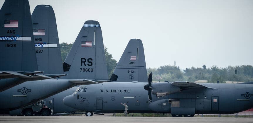 86th Aircraft Maintenance Squadron Airmen tow a 37th Airlift Squadron C-130J Super Hercules into position for operations during Steadfast Javelin II on Ramstein Air Base, Germany, Sep. 3, 2014. Steadfast Javelin II prepares U.S., NATO Allies and European security partners to conduct unified land operations through the simultaneous combination of offensive, defensive, and stability operations appropriate to the mission and the environment, and to sustain interoperability with partner nations. Copyright: xpiemagsx milflic16082021 (9251) !ACHTUNG AUFNAHMEDATUM GESCHÄTZT!