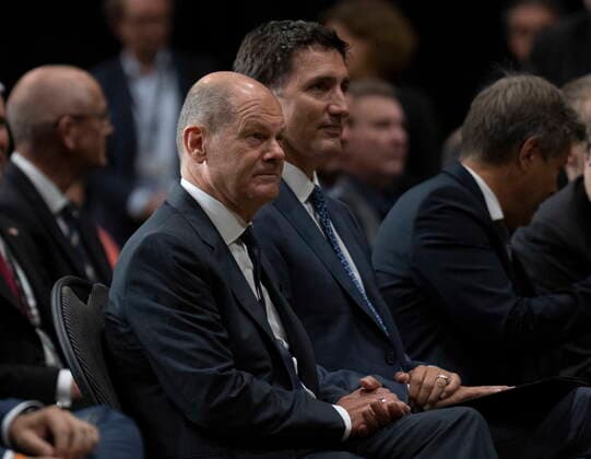 August 23, 2022, Stephenville, NFLD, Canada: Canadian Prime Minister Justin Trudeau and German Chancellor Olaf Scholz listen to speakers during a signing ceremony on Tuesday, August 23, 2022 in Stephenville, Newfoundland and Labrador. Stephenville Canada  - ZUMAc35_ 20220823_zaf_c35_076 Copyright: xAdrianxWyldx