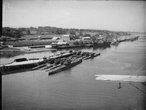 German U-boats Surrender at Lisahally, Near Londonderry, Northern Ireland, 24 - 25 May 1945. General view of Lisahally, showing the U-boat berths. Copyright: xpiemagsx admiralww2pie10322-363 !ACHTUNG AUFNAHMEDATUM GESCHÄTZT!