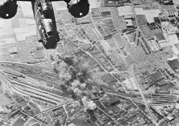 Preparations For Operation Overlord (the Normandy Landings)- D-day 6 June 1944 Daylight bombing raid on the railway yards at Tourcoing, France by aircraft of 2nd Tactical Air Force. Photograph taken by an RAF cameraman flying in one of the attacking Boston aircraft. Copyright: xpiemagsx airministryww2pie13032022-1330 !ACHTUNG AUFNAHMEDATUM GESCHÄTZT!