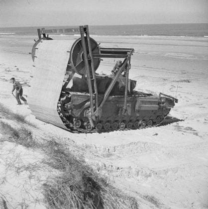 Preparations For Operation Overlord (the Normandy Landings)- D-day 6 June 1944 Churchill AVRE (Armoured Vehicle Royal Engineers) Type C Mark II carpetlayer for laying tracks across soft beaches. Copyright: xpiemagsx warofficeww2pie5222-1755 !ACHTUNG AUFNAHMEDATUM GESCHÄTZT!