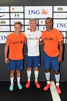 Champions for Charity. Mick Schuhmacher , David Coulthardt und Patrick Esume anläßlich des Benefiz-Fussballspieles Champions for Charity - Das Benefiz-Fussballspiel zu Ehren von Michael Schumacher am 24.08.2022 im Deutsche Bank Park, Frankfurt Main. 20220824MWI39658