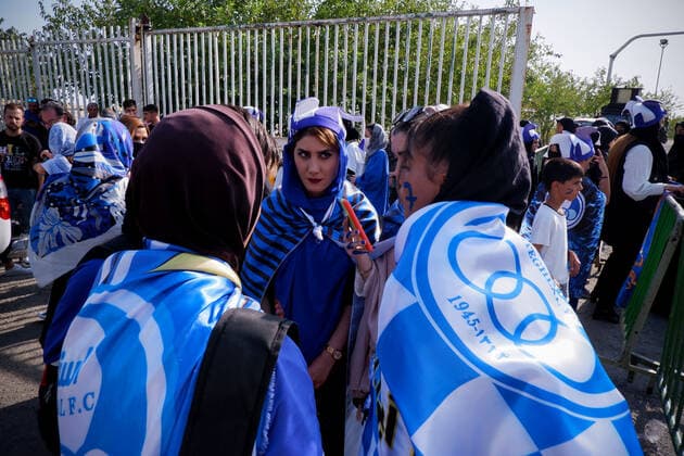 August 25, 2022, Tehran, Tehran, Iran: Female soccer fans prepare to attend a match between their team Esteghlal and Mes-e Kerman in Iran s Premier League at Azadi stadium in Tehran, Iran, Aug. 25, 2022. A limited number of Iranian women have been allowed into a stadium in Tehran to watch a league football match for the first time. Tehran Iran - ZUMAi98_ 20220825_zih_i98_037 Copyright: xRouzbehxFouladix