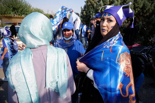 August 25, 2022, Tehran, Tehran, Iran: Female soccer fans prepare to attend a match between their team Esteghlal and Mes-e Kerman in Iran s Premier League at Azadi stadium in Tehran, Iran, Aug. 25, 2022. A limited number of Iranian women have been allowed into a stadium in Tehran to watch a league football match for the first time. Tehran Iran - ZUMAi98_ 20220825_zih_i98_055 Copyright: xRouzbehxFouladix