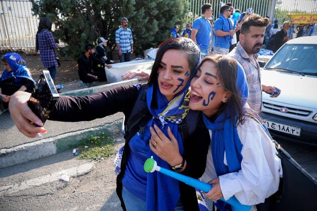 August 25, 2022, Tehran, Tehran, Iran: Female soccer fans prepare to attend a match between their team Esteghlal and Mes-e Kerman in Iran s Premier League at Azadi stadium in Tehran, Iran, Aug. 25, 2022. A limited number of Iranian women have been allowed into a stadium in Tehran to watch a league football match for the first time. Tehran Iran - ZUMAi98_ 20220825_zih_i98_058 Copyright: xRouzbehxFouladix