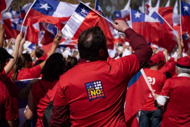 August 28, 2022, Santiago, Metropolitana, Chile: People against the new constitution gather in Santiago, Chile. On September 4, Chile will vote on whether to approve or reject the proposed constitution. Santiago Chile - ZUMAb332 20220828_zip_b332_012 Copyright: xMatiasxBasualdox