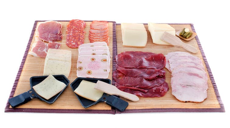 raclette cheese and meat in front of white background , 3327135.jpg, raclette, food, cheese, raclette cheese, fondue, pan, dinner, meat, Switzerland, onion, pork, delicatessen, tray, portion, heat, bacon, eation, cooking, ham, saucisson, chorizo, gourmet, salami, Savoie, Annecy, pickles,
