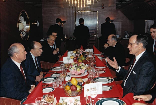 December 2, 1989, USA: United States President George H.W. Bush, right, and General Secretary of the Communist Party of the Soviet Union (CPSU) Mikhail Gorbachev, left, meet for dinner aboard the Maksim Gorkiy at Malta during an international summit on December 2, 1989..Mandatory Credit: White House via CNP USA - ZUMAs152 19891202_zaa_s152_002 Copyright: xDavidxValdezx