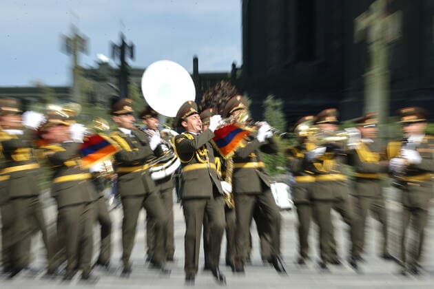MOSCOW REGION, RUSSIA - SEPTEMBER 3, 2022: Members of an Armenian military band take part in a performance as part of the 15th Spasskaya Tower International Military Music Festival by the Main Cathedral of the Russian Armed Forces in Kubinka. Mikhail Tereshchenko TASS  TS1405FF