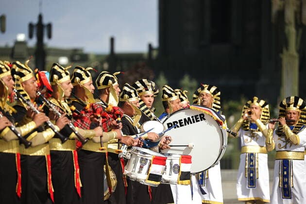 MOSCOW REGION, RUSSIA - SEPTEMBER 3, 2022: Egyptian musicians take part in a performance as part of the 15th Spasskaya Tower International Military Music Festival by the Main Cathedral of the Russian Armed Forces in Kubinka. Mikhail Tereshchenko TASS  TS140601