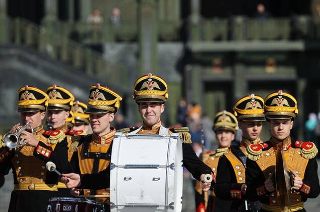 MOSCOW REGION, RUSSIA - SEPTEMBER 3, 2022: Members of the Central Military Band of the Russian Defense Ministry take part in a performance as part of the 15th Spasskaya Tower International Military Music Festival by the Main Cathedral of the Russian Armed Forces in Kubinka. Mikhail Tereshchenko TASS  TS14060C