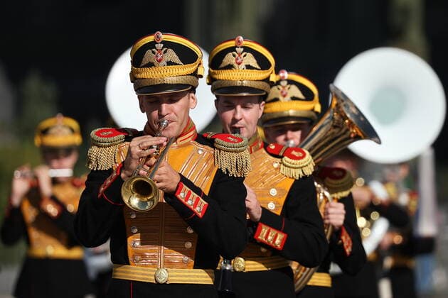 MOSCOW REGION, RUSSIA - SEPTEMBER 3, 2022: Members of the Central Military Band of the Russian Defense Ministry take part in a performance as part of the 15th Spasskaya Tower International Military Music Festival by the Main Cathedral of the Russian Armed Forces in Kubinka. Mikhail Tereshchenko TASS  TS14060F