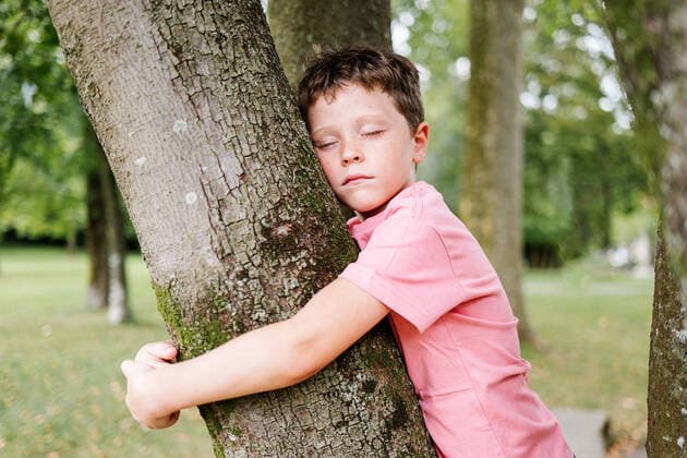 Creative Highlights Symbolbilder Calm kid in pink t shirt closing eyes and embracing tree trunk while spending time in summer park in daytime, Model released HodeiUnzueta_ID559_21790_003 Copyright: xHodeixUnzuetax MR