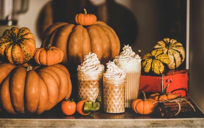 Pumpkin latte coffee in glasses among pumpkins and cinnamon sticks Pumpkin spice latte coffee drink topped with whipped cream in tall glasses among fresh pumpkins, persimmons and cinnamon sticks on table, grey wall background. Seasonal Autumn hot warming sweet drink Copyright: xAnnaxIvanovax AI111119-2