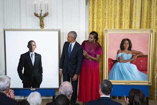 Former President Barack Obama and former First Lady Michelle Obama unveil their official portraits in the East Room of the White House in Washington, DC on Wednesday, September 7, 2022. The portraits of the former president and first lady were painted by Robert McCurdy and Sharon Sprung, respectively.  WAP20220907536 AlxDrago