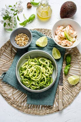 Zucchini spaghetti with avocado pesto and shripms Zucchini spaghetti with avocado pesto and shripms Copyright: xAnikoxSzabox ASZ240521-10