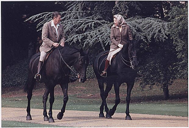January 10, 2002, London, USA: London, England - June 8, 1982 -- United States President Ronald Reagan and HRH Queen Elizabeth II horseback riding at Windsor Castle, England London USA - ZUMAs152 20020110_zaa_s152_014 Copyright: xWhitexHousex