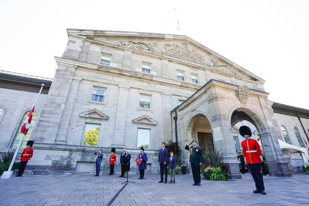 September 10, 2022, Ottawa, ON, CAN: Prime Minister Justin Trudeau and son Hadrien and Governor General Mary Simon and husband Whit Fraser join Chief Herald of Canada Samy Khalid as he proclaims the accession of the new Sovereign, King Charles III, at Rideau Hall, in Ottawa, Saturday, Sept. 10, 2022. Ottawa CAN - ZUMAc35_ 20220910_zaf_c35_044 Copyright: xSeanxKilpatrickx