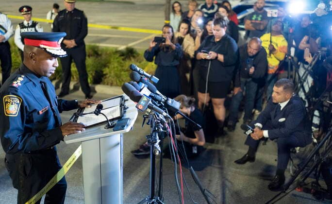 September 12, 2022, Mississauga, ON, CANADA: Peel Regional Police Chief Nishan Duraiappah speaks to the media at the scene of a shooting in Mississauga, Ont., Monday, Sept. 12, 2022. Cst. Andrew Hong, of the Toronto Police Service, was fatally shot after two separate shootings left two dead and three injured in the Greater Toronto Area on Monday afternoon. Mississauga CANADA  - ZUMAc35_ 20220912_zaf_c35_189 Copyright: xArlynxMcadoreyx