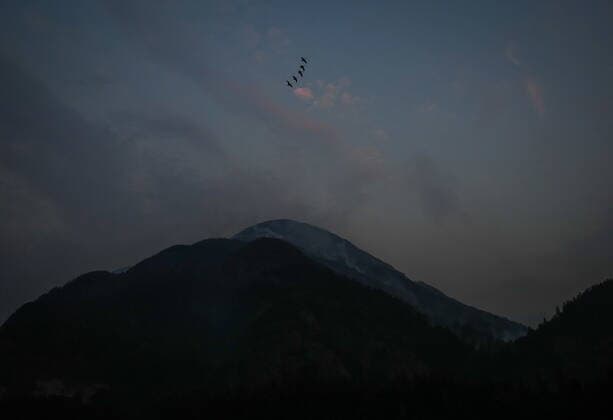 September 12, 2022, HOPE, BC, CANADA: Geese fly overhead as the Flood Falls Trail wildfire burns on a mountain in Hope, B.C., Monday, Sept. 12, 2022. HOPE CANADA  - ZUMAc35_ 20220912_zaf_c35_220 Copyright: xDarrylxDyckx