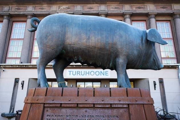 Tartu, Estland - August 23, 2022: Skulptur Schwein aus Bronze von Bildhauer M. Karmin. Tartu Estland *** Tartu, Estonia August 23, 2022 sculpture bronze pig by sculptor M Karmin Tartu Estonia 
