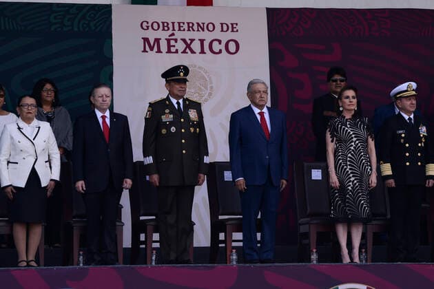 September 16, 2022, Mexico City, Mexico: President of the Supreme Court of Justice Arturo Zaldivar, Secretary of National Defense (SEDENA) Luis Cresencio Sandoval, Secretary of the Navy Jose Rafael Ojeda Duran, Mexico s Head of Security, Rosa Icela Rodriguez, Mexicoâ€⠢s President Andres Manuel Lopez Obrador with his wife Beatriz Gutio rrez Mo¼ller during the ceremony of the civic-military parade as part of the commemoration of the 212th Anniversary of the beginning of Mexico s Independence in the downtown. on September 16, 2022 in Mexico City, Mexico. Mexico City Mexico - ZUMAe321 20220916_zia_e321_096 Copyright: xCarlosxTischlerxEyepixxGroupx