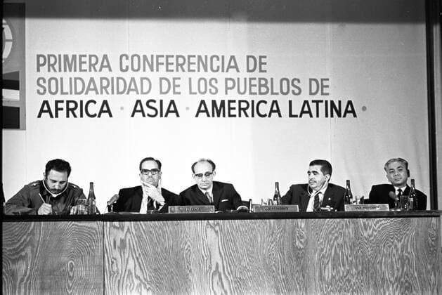 Fidel Castro, Osvaldo Dorticos, Raul Roa 762191 03.01.1966 From left: Prime Minister of the Republic of Cuba, Fidel Castro, Cuban President Osvaldo Dorticos, Cuban Foreign Minister Raul Roa and other officials in the presidium of the First Conference of the peoples of Africa, Asia and Latin America. L. Leonidov Sputnik Havana Cuba  Copyright: xL.xLeonidovx