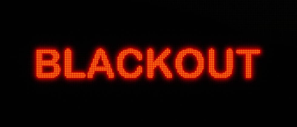 RECORD DATE NOT STATED Blackout, displayed on a screen. Dark LED screen with the word Blackout in red glowing letters. Power blackout, no energy and system failure. 3D illustration text_wall_LED_blackout