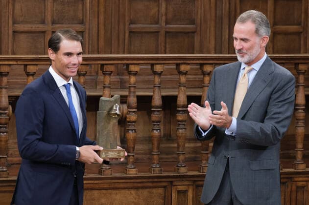 September 20, 2022, Madrid, Spain: Tennis player Rafael Nadal and King Felipe VI of Spain seen during the delivery of the Camino Real Award on its fifth edition, at the auditorium of the University of Alcala, in Alcala de Henares, Madrid. The Camino Real award has been granted by the Franklin Institute of the University of Alcala, which recognizes the professional work of Spaniards who in an outstanding and exemplary way project and enhance the positive image of Spain in the United States. The projection of the image of Spain in North America by the tennis player, means his triumph in the US Open (2019), as well as in previous editions of 2010, 2013, 2017 and in other tournaments played in North America. Madrid Spain - ZUMAs197 20220920_zaa_s197_113 Copyright: xAtilanoxGarciax