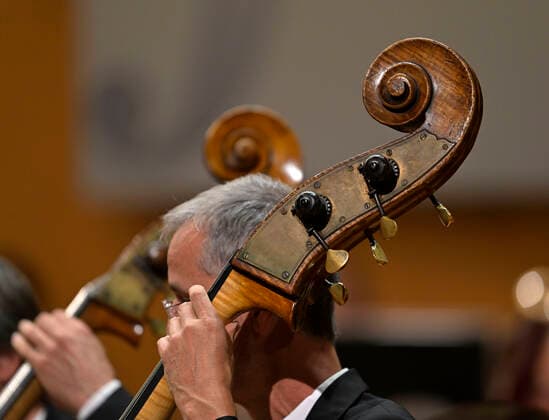 23.09.2022, Internationales Klassikfestival Festival der Nationen 2022 im Kurhaus Bad Wörishofen im Unterallgäu, Eröffnungskonzert mit Emmanuel Tjeknavorian, Violine & Dirigent der Wiener Symphoniker. Bassgeigen-Spieler. 23.09.2022, Klassikfestival Bad Wörishofen 23.09.2022, Klassikfestival Bad Wörishofen